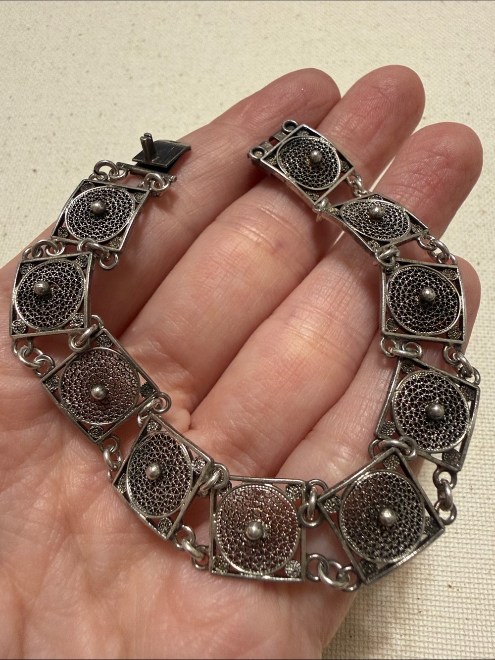 Vintage Rare Piece Sterling Silver 800 Filigree Link Bracelet 7’ inch long